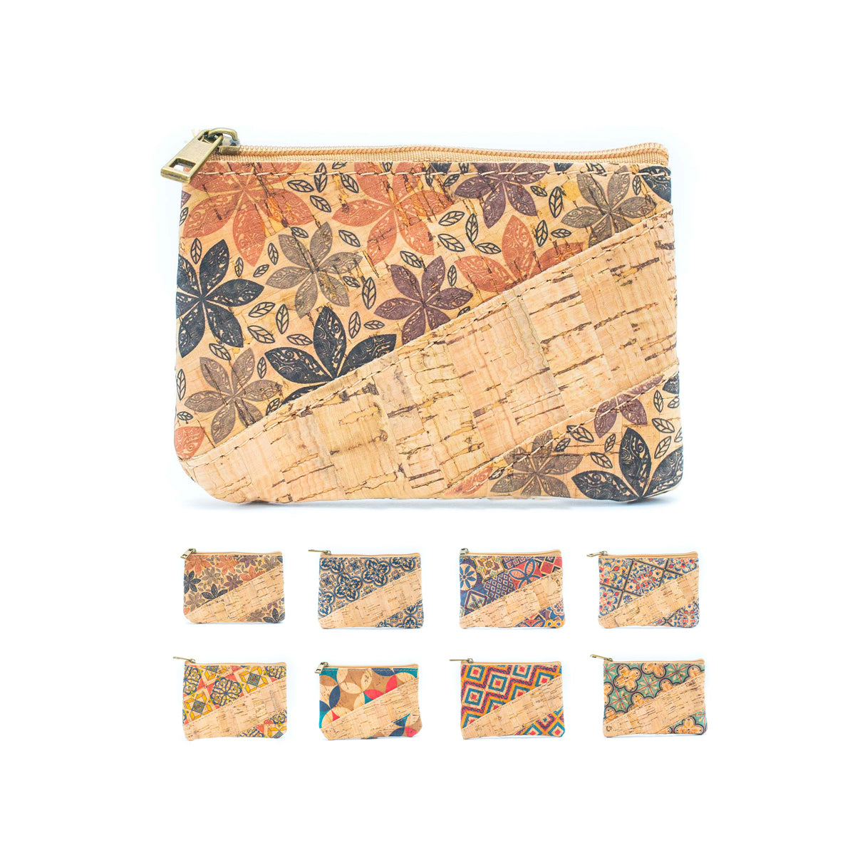 (10units）Printed Cork Coin Purse in Diagonal Floral Pattern BAGD-146