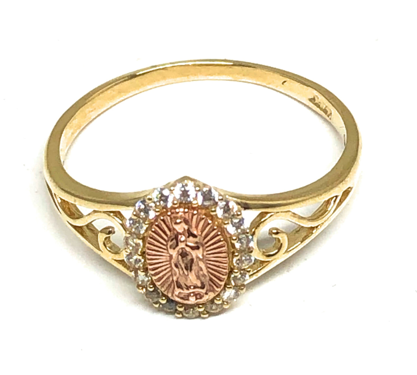 10k Solid Gold Yellow & Rose Gold Virrgin Mary CZ Ring