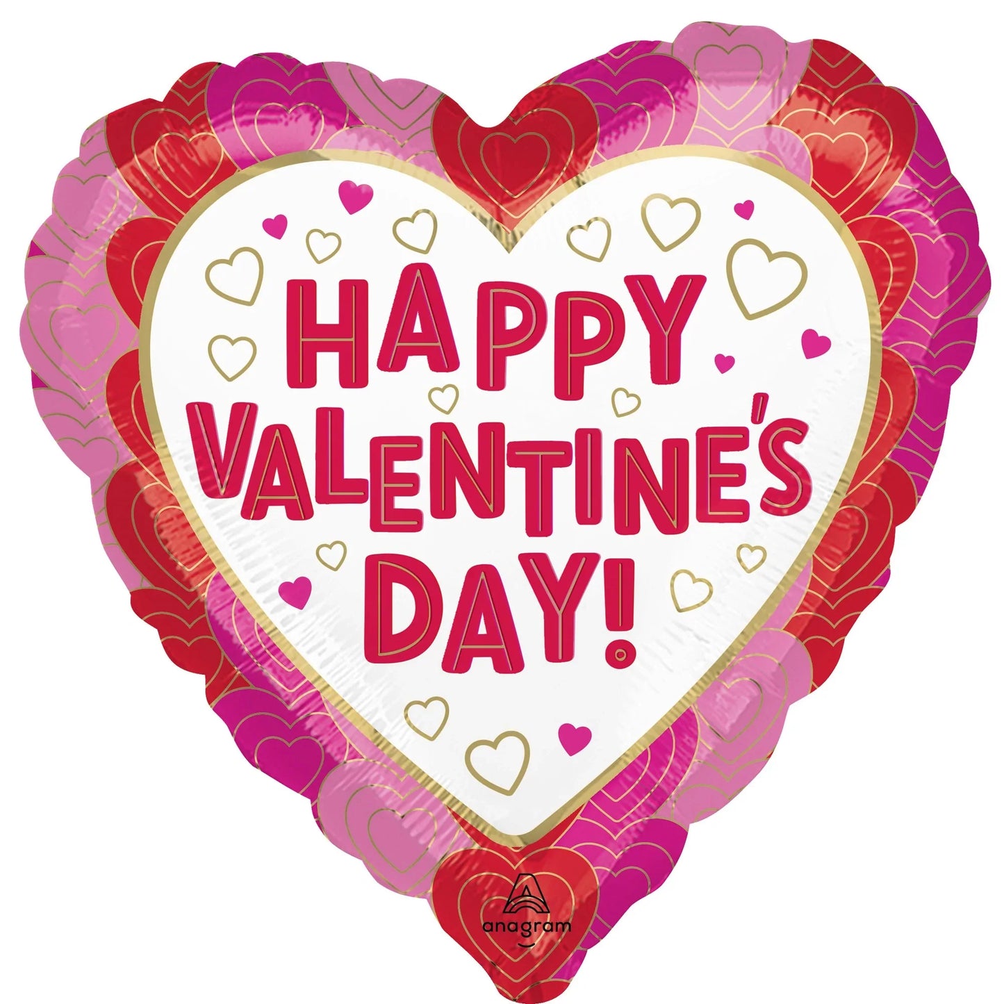 "Happy Valentine's Day!" Pink, Red and White Heart Shape Foil Balloon Wrapped in Hearts, 18 Inches, 1 Count